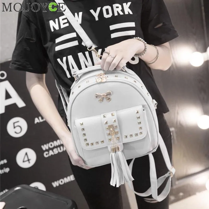 Women Leather Multifunction Tassel Rivets Backpack