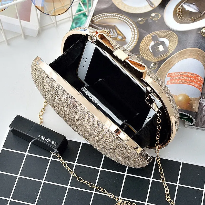 Women Shiny Gold Metal Bow Clutch Bag