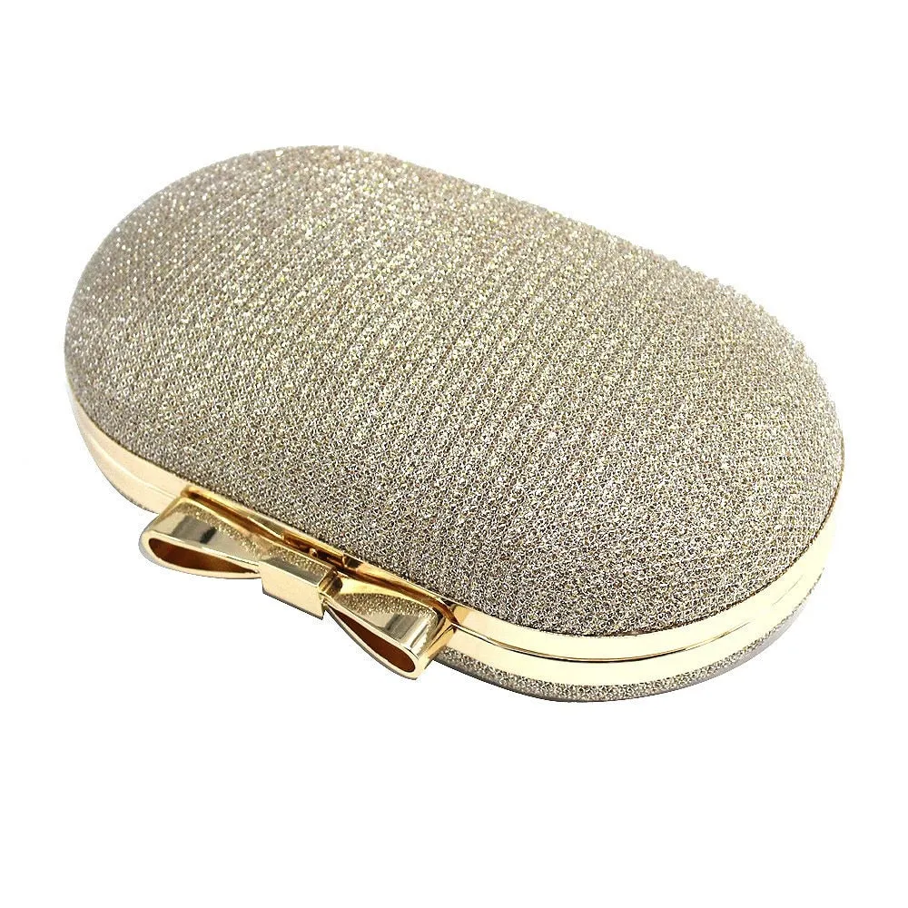 Women Shiny Gold Metal Bow Clutch Bag