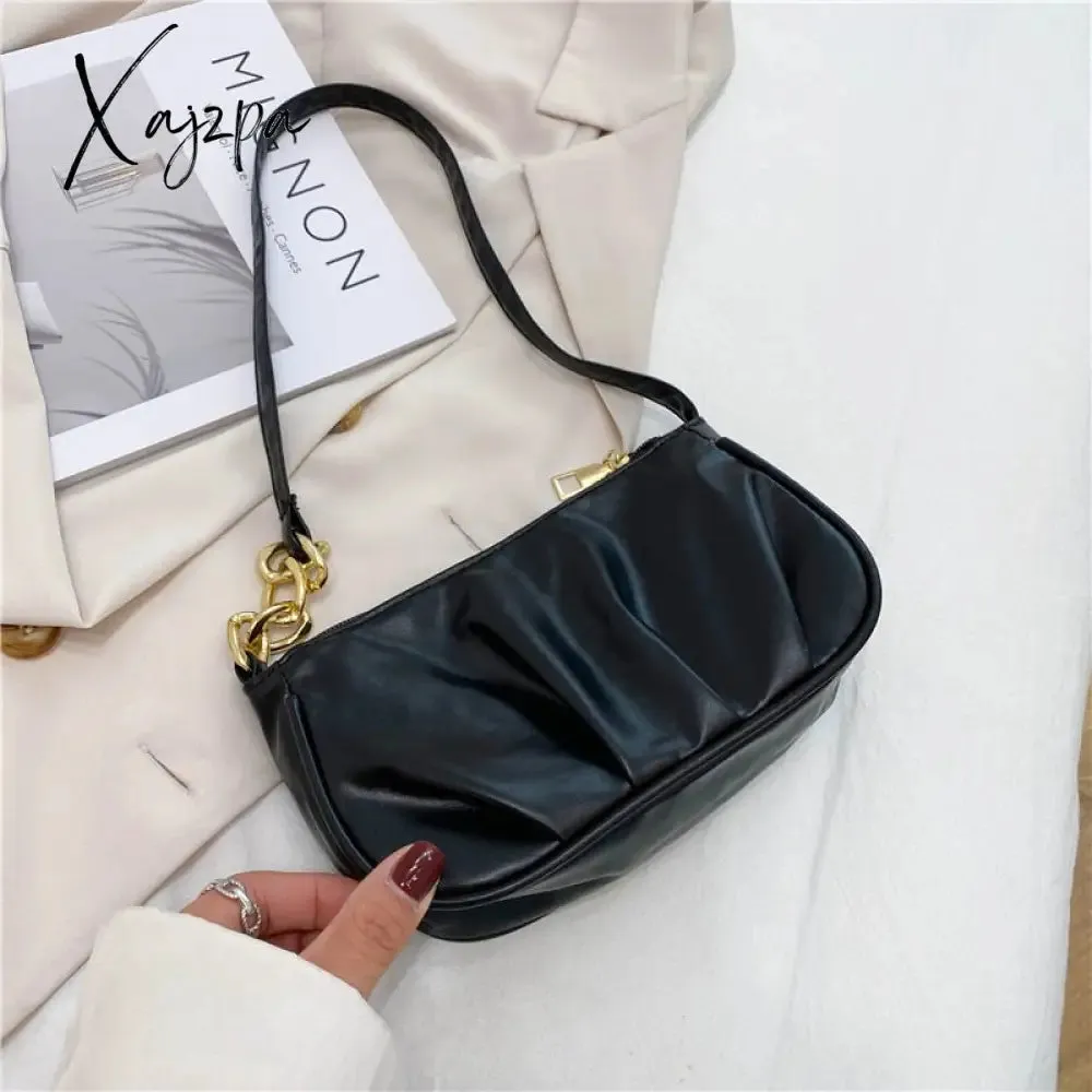 Xajzpa - Trend New Luxury Women&#39;s Fashion Handbags Retro Solid Color PU Leather Shoulder Underarm Bag Casual Women Hobos Handbags