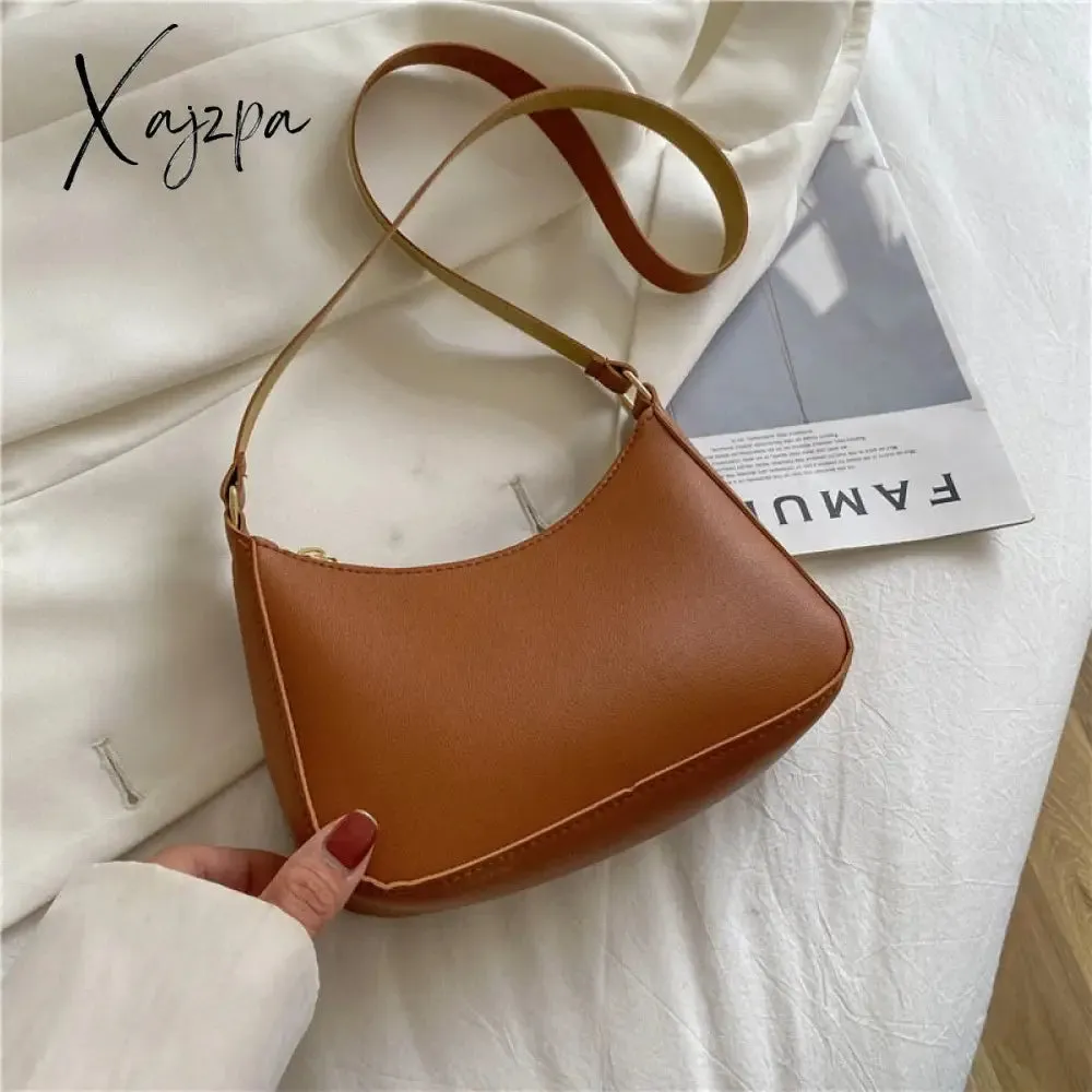 Xajzpa - Trend New Luxury Women&#39;s Fashion Handbags Retro Solid Color PU Leather Shoulder Underarm Bag Casual Women Hobos Handbags